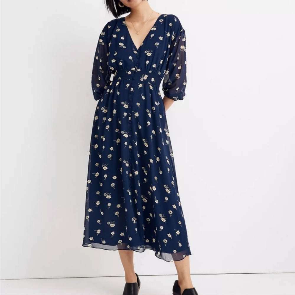 NWT Madewell Sheer Sleeve Button Front Midi Dress in Floral Heyday Print - Picture 1 of 4